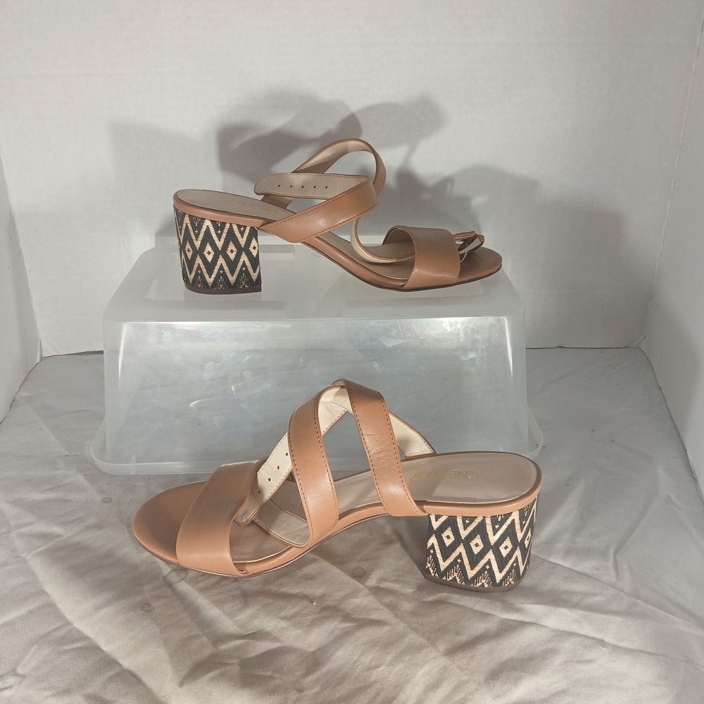 Nine‎ West Gondola Block Heel Sandals 8M Tan Geometric Boho Chic Ankle Strap - Picture 2 of 9